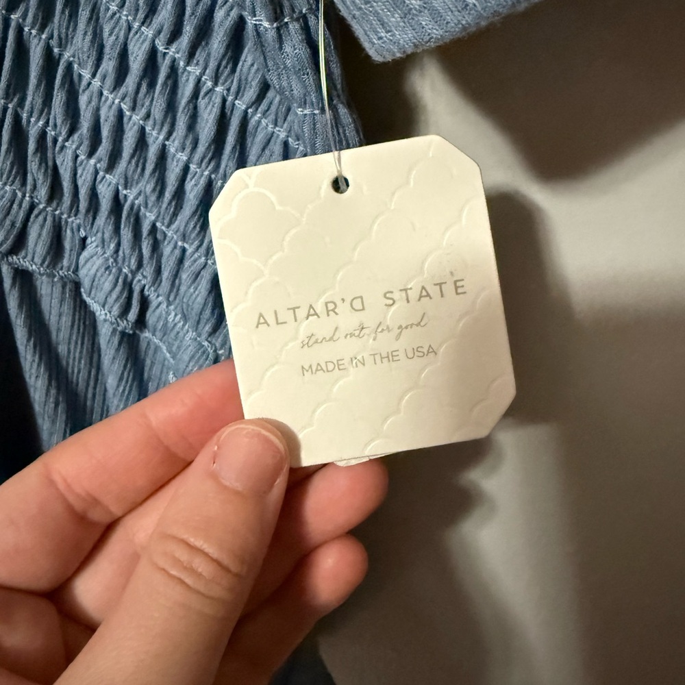 Altar'd State Dusty Blue Smocked Peplum Women's Top - Picture 3 of 3